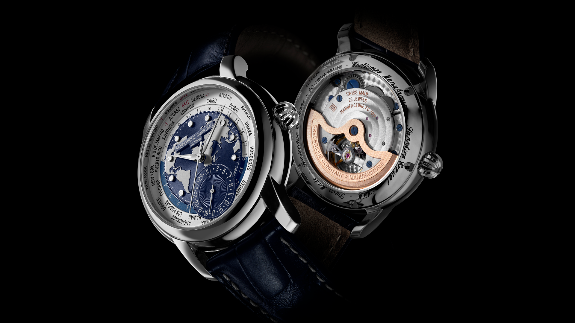 Classicss Worldtimer Manufacture watch for man. Automatic movement, blue dial, stainless-steel case, date counter, worldtimer and blue leather strap