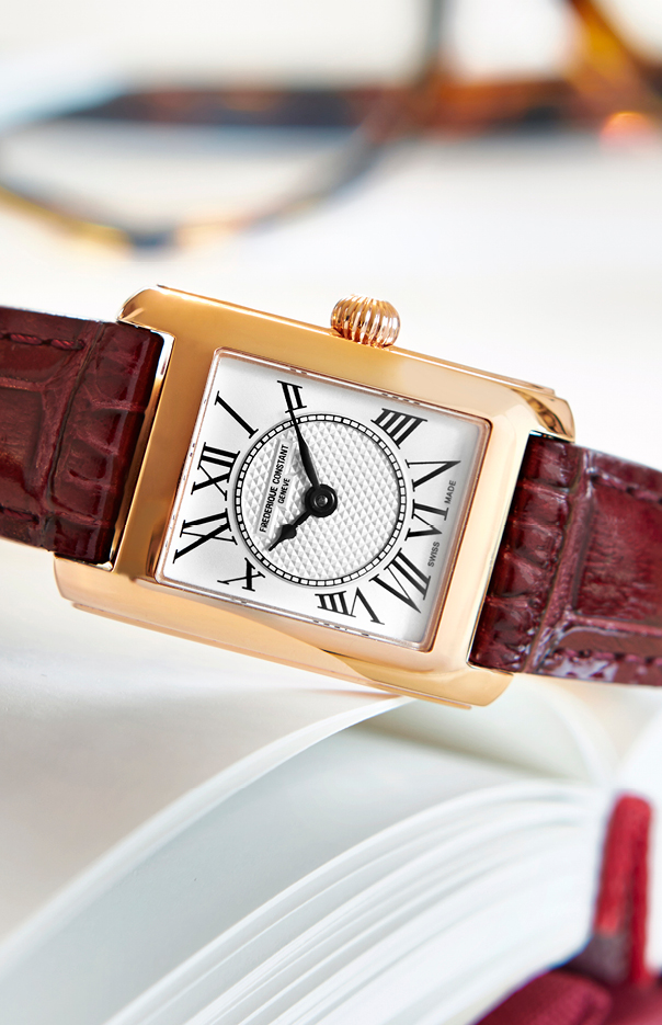 Classics Carrée Ladies watch for woman. Quartz movement, white dial, rose-gold plated case and red burgundy leather strap 