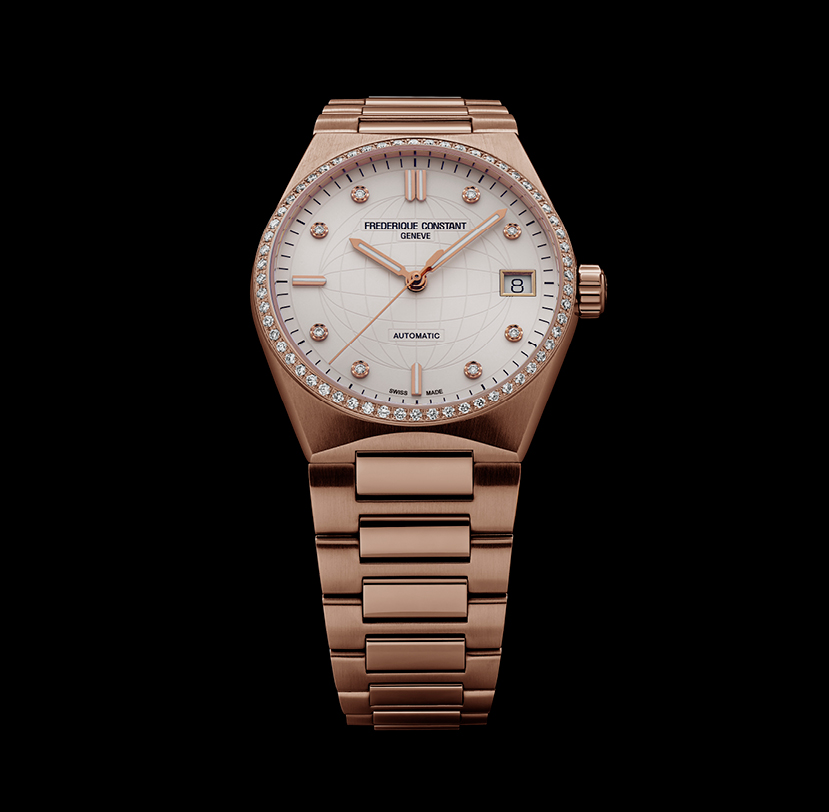 Highlife Ladies Automatic watch for woman. Automatic movement, white dial with 8 diamonds, rose-gold plated case with 60 diamonds, date window and rose-gold plated integrated and interchangeable bracelet 