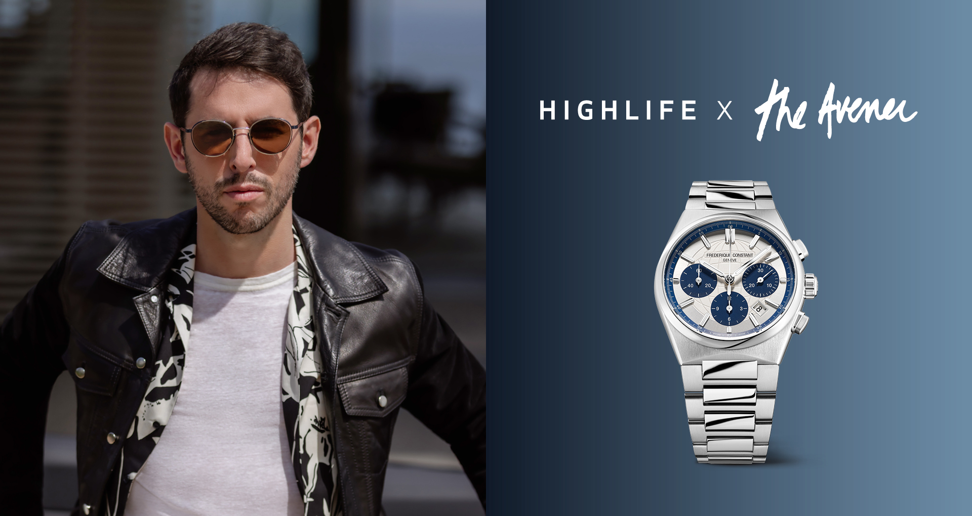 Highlife Chronograph Automatic watch for men. Automatic movement, panda white and blue dial, stainless-steel case, date window, chronograph and blue leather integrated and interchangeable strap   