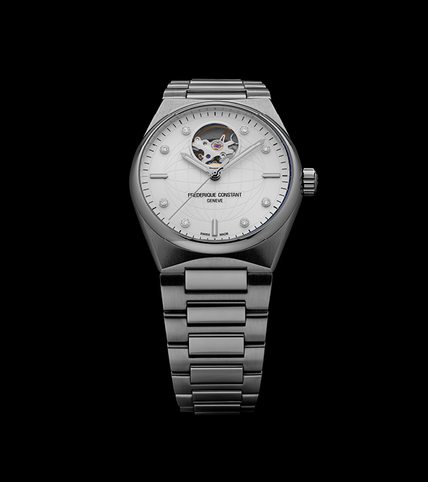 Highlife Ladies Automatic watch for woman. Automatic movement, white dial with 8 diamonds, stainless-steel case, heart beat opening and stainless-steel integrated and interchangeable bracelet 