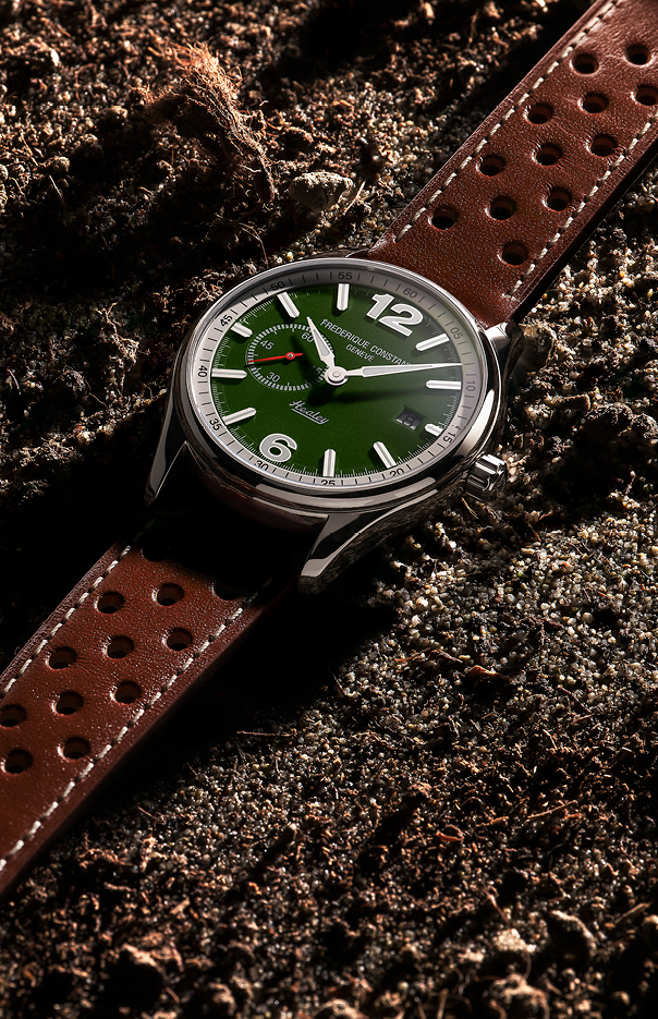 Vintage Rally Healey Automatic Small Seconds watch for man.   Automatic movement, green dial, stainless-steel case, date window, seconds counter and brown leather strap 
