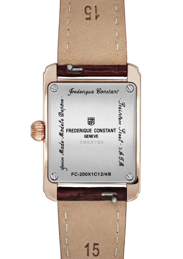 Classics Carrée Ladies watch for woman. Quartz movement, white dial, rose-gold plated case and red burgundy leather strap