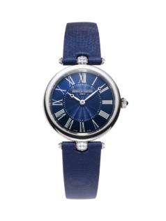 Classic Art Déco Round watch for woman. Quartz movement, blue mother of pearl dial, stainless-steel case and blue satin strap