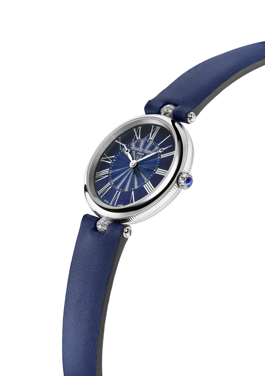 Classic Art Déco Round watch for woman. Quartz movement, blue mother of pearl dial, stainless-steel case and blue satin strap