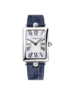 Classics Art Déco Carrée Watch for woman. Quartz movement, white mother of pearl dial, stainless-steel case and blue leather strap
