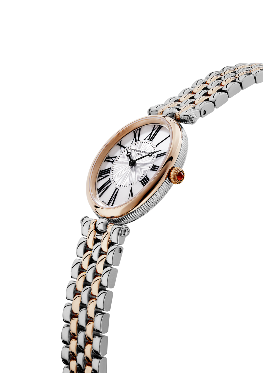 Classic Art Déco Oval watch for woman.   Quartz movement, white mother of pearl dial, stainless-steel and rose-gold plated bicolor case and stainless-steel and rose-gold plated bicolor bracelet