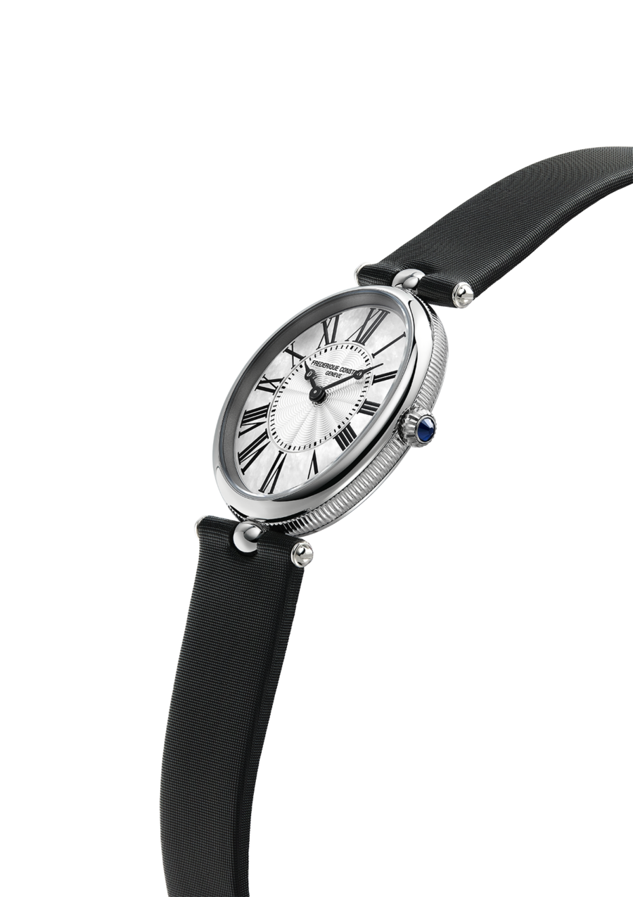 Classic Art Déco Oval watch for woman. Quartz movement, white mother of pearl dial, stainless-steel case and black satin strap