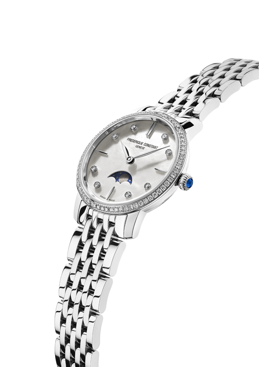 Slimline Ladies Moonphase watch for woman. Quartz movement, white mother of pearl dial with 8 diamonds, stainless-steel case with 68 diamonds, moonphase and stainless-steel bracelet