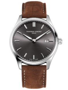Classic Quartz watch for man. Quartz movement, grey dial, stainless-steel case, date window and brown leather strap
