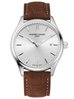 Classics Quartz watch for man. Quartz movement, silver dial, stainless-steel case, date window and brown leather strap