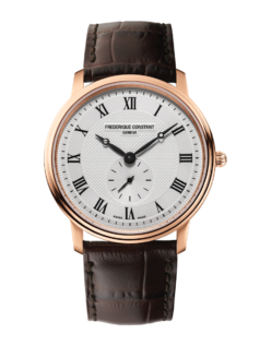 Slimline Gents Small Seconds watch for man. Quartz movement, white dial, rose-gold plated case, seconds counter and brown leather strap