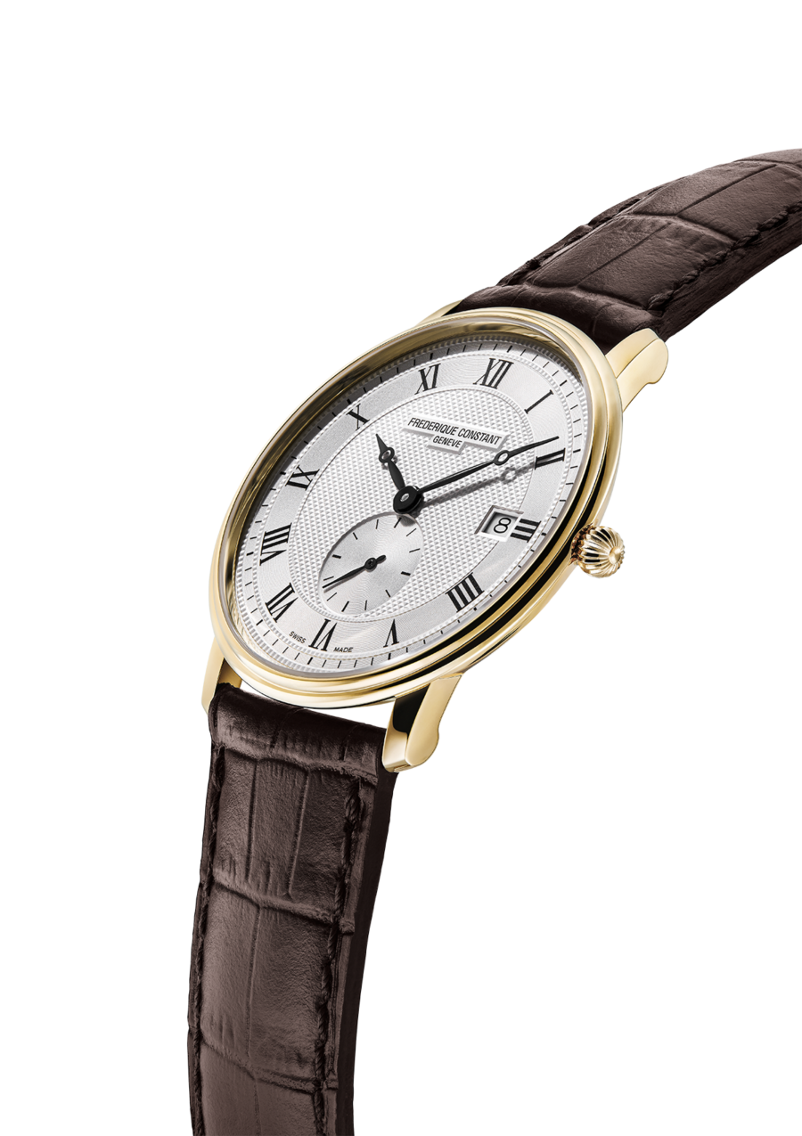  Slimline Gents Small Seconds watch for man. Quartz movement, white dial, yellow gold plated case, date window, seconds counter and brown leather strap