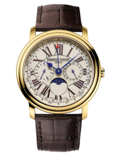 Classic Business Timer watch for man. Quartz movement, white dial, yellow gold plated case, day, date and month counters, moonphase and brown leather strap
