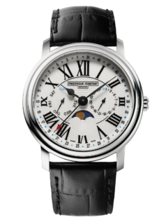  Classic Business Timer watch for man. Quartz movement, white dial, stainless-steel case, day, date and month counters, moonphase and black leather strap