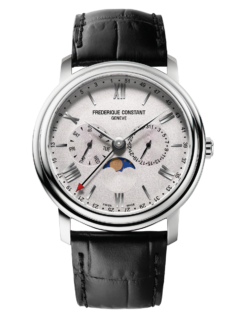 Classics Business Timer watch for man. Quartz movement, silver dial, stainless-steel case, day, date and month counters, moonphase and black leather strap