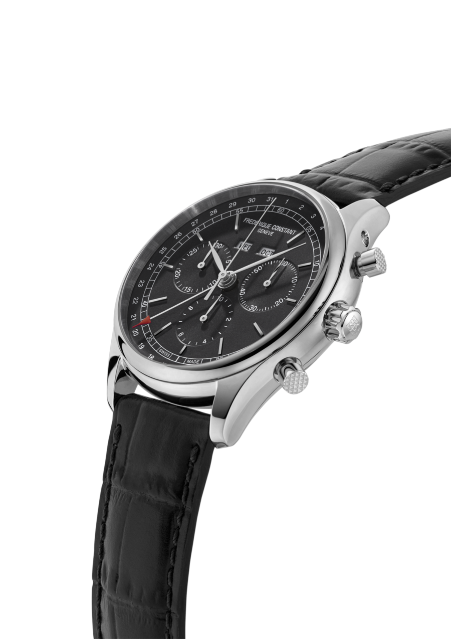 Classics Quartz Chronograph Triple Clalendar Watch for men. Quartz movement,  dark grey dial, stainless-steel case, chronograph and black leather strap