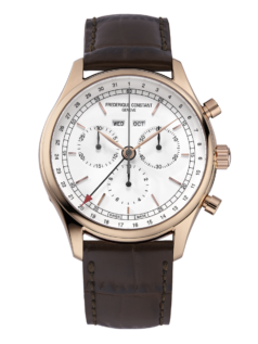 Classics Quartz Chronograph Triple Clalendar Watch for men. Quartz movement, silver white dial, rose gold-plated  stainless-steel case, chronograph and brown leather strap
