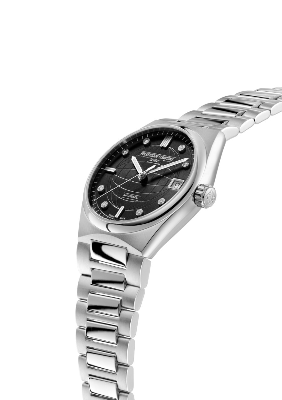  Highlife Ladies Automatic watch for woman. Automatic movement, black dial with 8 diamonds, stainless-steel case, date window and stainless-steel integrated and interchangeable bracelet
