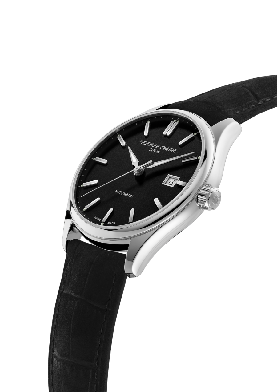 Classics Index Automatic watch for man. Automatic movement, black dial, stainless-steel case, date window and black leather strap