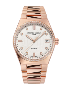  Highlife Ladies Automatic watch for woman. Automatic movement, white dial with 8 diamonds, rose-gold plated case with 60 diamonds, date window and rose-gold plated integrated and interchangeable bracelet