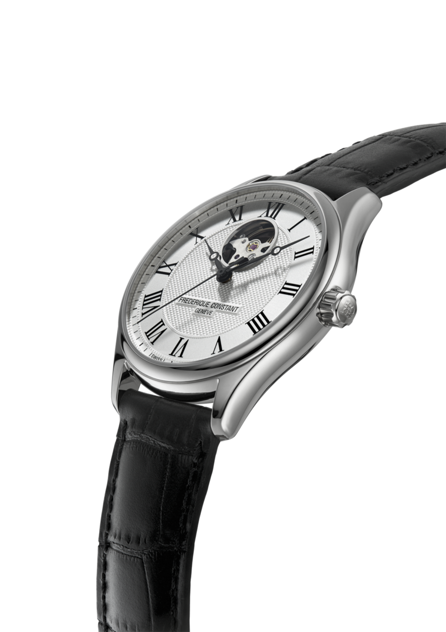 Classics Heart Beat Automatic watch for man. Automatic movement, white dial, stainless-steel case, heart beat opening and black leather strap
