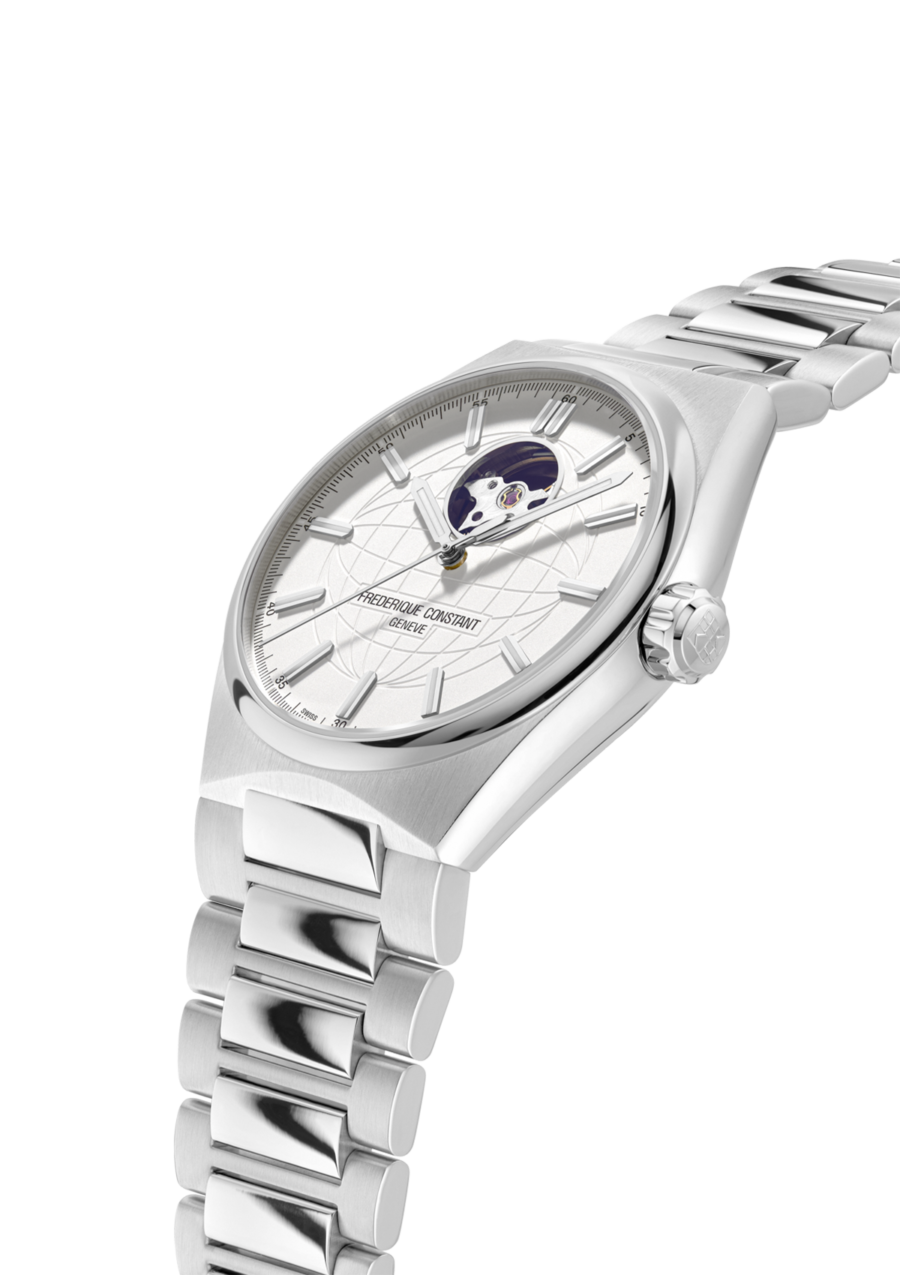 Highlife Automatic Heart Beat watch for man. Automatic movement, white dial, stainless-steel case, heart beat opening and stainless-steel integrated and interchangeable bracelet