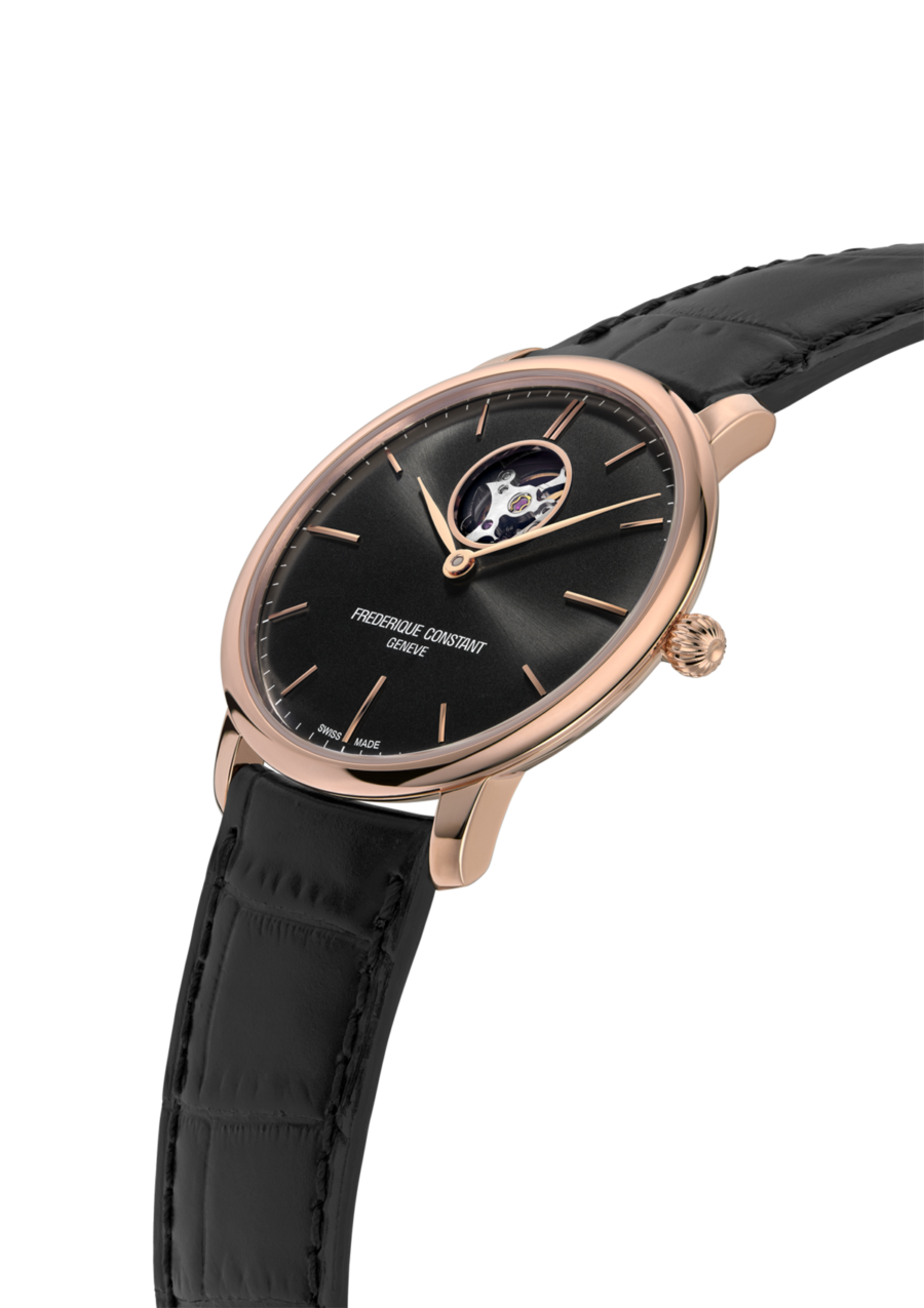 Slimline Heart Beat Automatic watch for man. Automatic movement, black dial, rose-gold plated case, heart beat opening and black leather strap