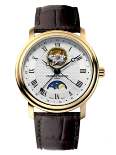 Classic Heart Beat Moonphase Date watch for man. Automatic movement, white dial, yellow gold plated case, heart beat opening, moonphase and brown leather strap