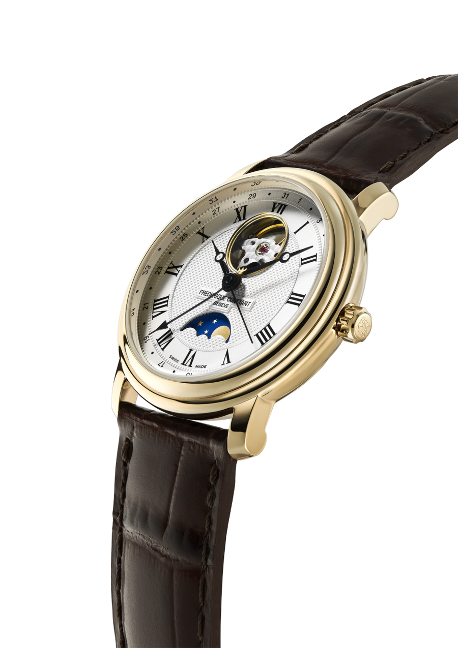 Classics Heart Beat Moonphase Date watch for man. Automatic movement, white dial, yellow gold plated case, heart beat opening, moonphase and brown leather strap