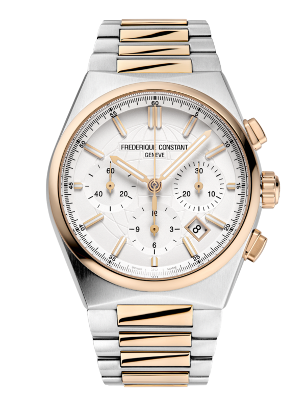 Highlife Chronograph Automatic watch for men. Automatic movement, white dial, stainless-steel and rose-gold plated bicolor case, date window, chronograph and stainless-steel and rose-gold plated bicolor integrated and interchangeable bracelet