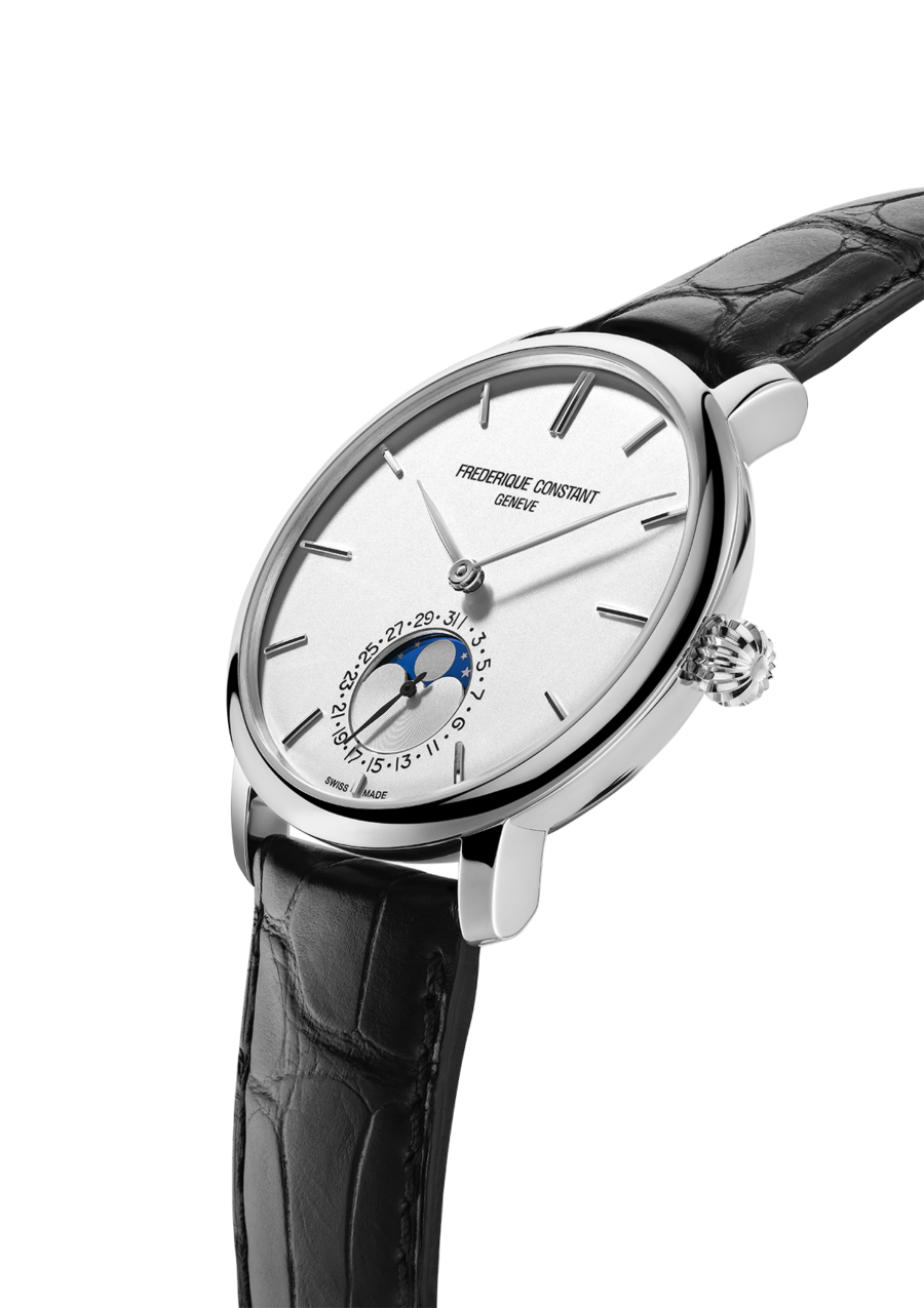 Constant Slimline Moonphase Manufacture watch for man.   Automatic movement, white dial, stainless-steel case, date counter, moonphase and black leather strap