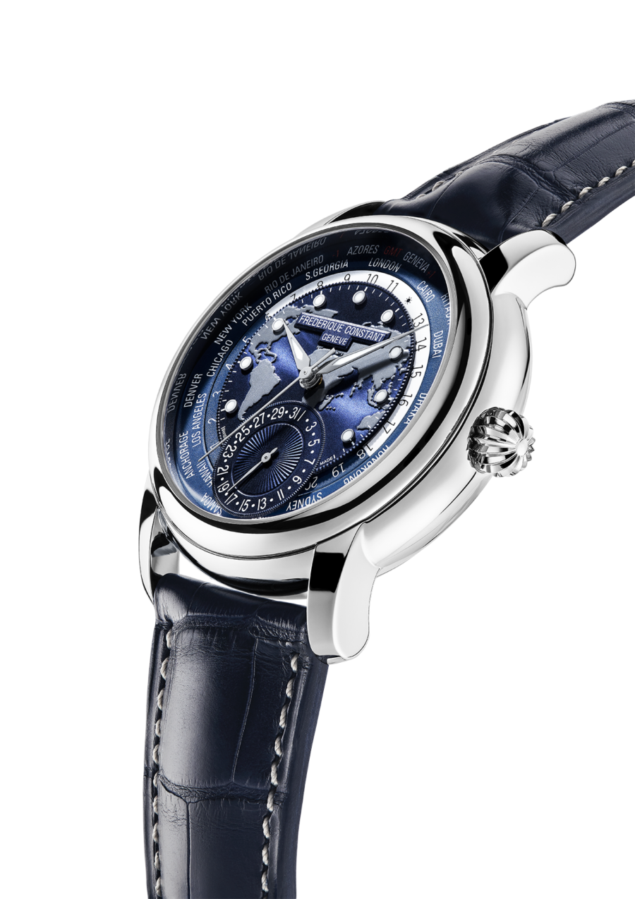 Worldtimer Manufacture watch for man. Automatic movement, blue dial, stainless-steel case, date counter, worldtimer and blue leather strap