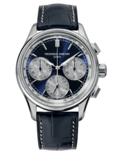 Flyback Chronograph Manufacture watch for man. Automatic movement, blue dial, stainless-steel case, date, seconds and minutes counters, chronograph and blue leather strap