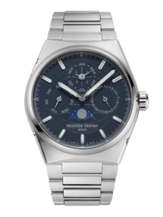 Highlife Perpetual Calendar Manufacture watch for man.   Automatic movement, blue-grey dial, stainless-steel case, date, month and day counters, moonphase and stainless-steel integrated and interchangeable bracelet