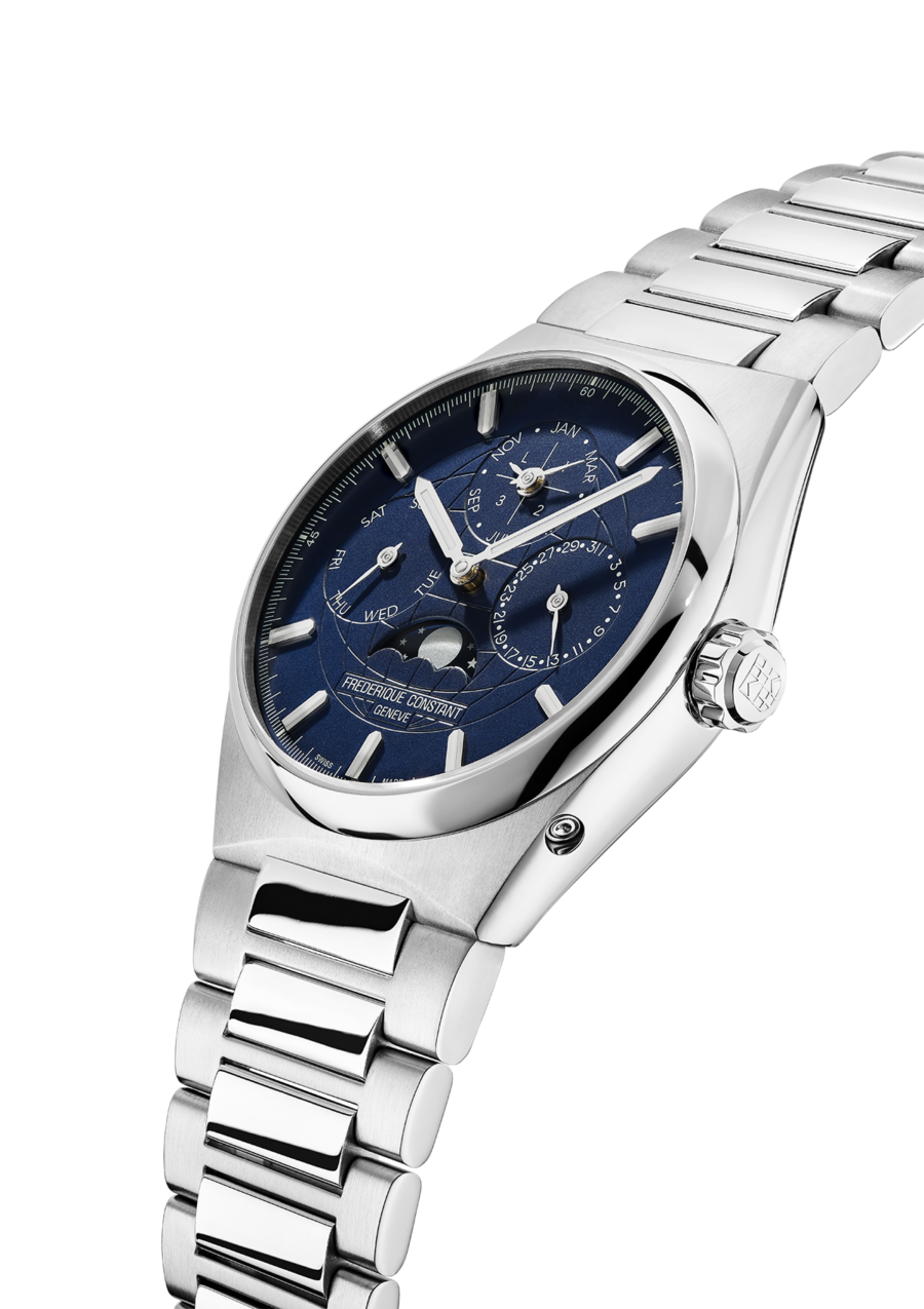Highlife Perpetual Calendar Manufacture watch for man.   Automatic movement, blue dial, stainless-steel case, date, month and day counters, moonphase and stainless-steel integrated and interchangeable bracelet