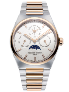 Highlife Perpetual Calendar Manufacture watch for man.   Automatic movement, white dial, stainless-steel and rose-gold plated case, date, month and day counters, moonphase and stainless-steel and rose-gold plated integrated and interchangeable bracelet