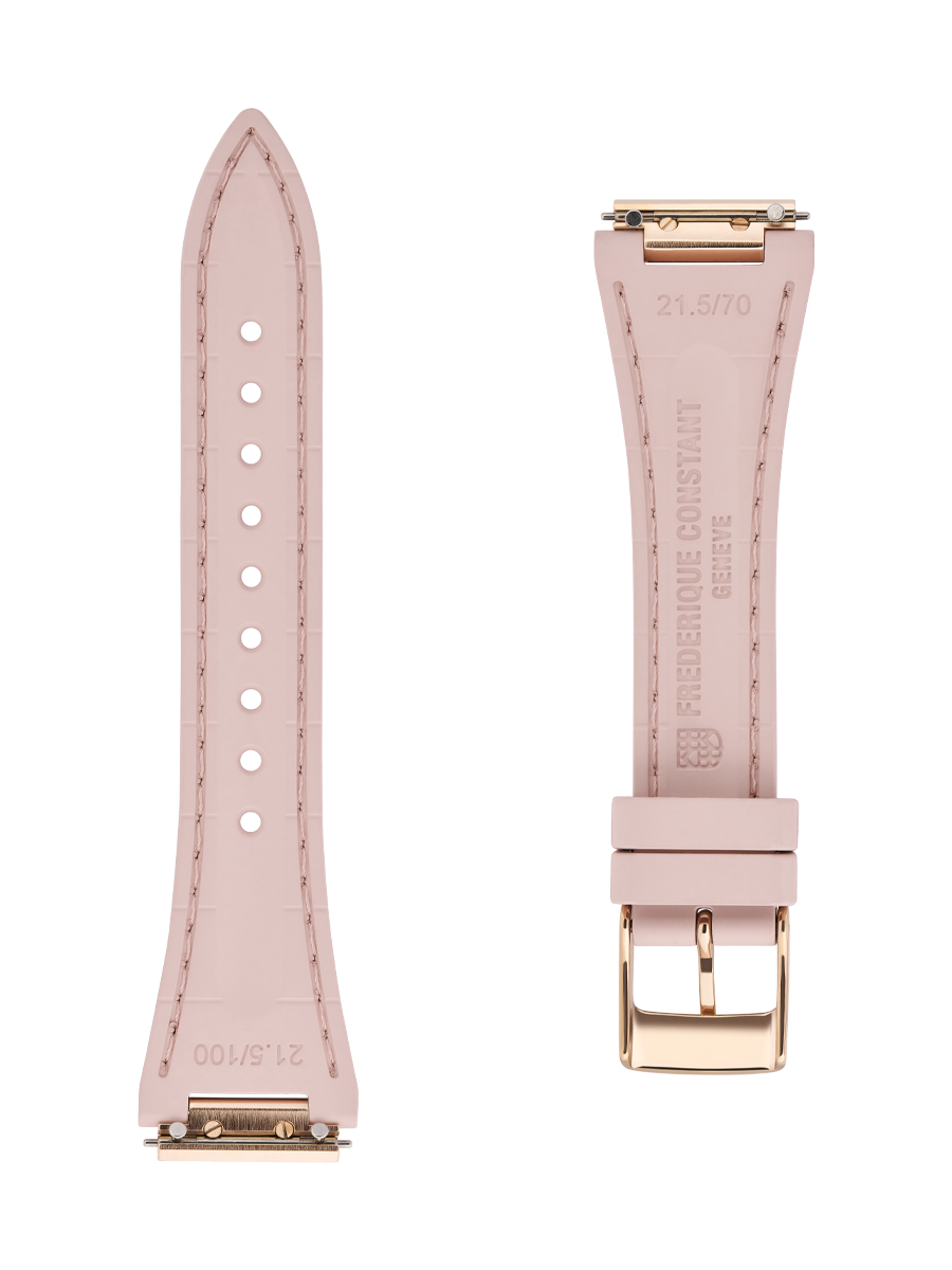 Pink rubber strap. Easy changing system strap. Stainless-steel tongue buckle. Width: 14x12mm. Interhorn: 14mm. Length 100x70mm