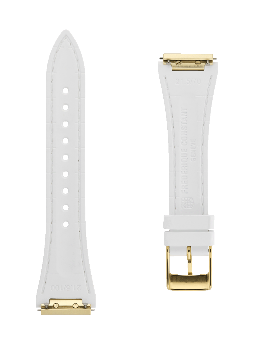 White rubber strap. Easy changing system strap. Stainless-steel tongue buckle. Width: 14x12mm. Interhorn: 14mm. Length 100x70mm